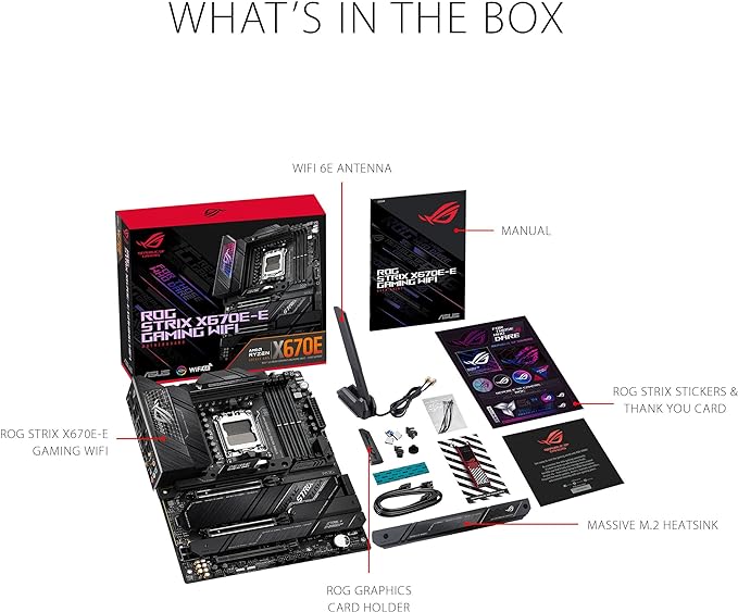 ASUS ROG Strix X670E-E Gaming Socket AM5(LGA 1718) Ryzen 7000 ATX Gaming Motherboard(18+2 Power Stages,PCIe® 5.0, DDR,4xM.2 Slots,USB 3.2 Gen 2x2, WiFi 6E,PCIe Slot Q-Release, M.2 Q-Latch) ASUS ROG Strix X670E-E Gaming Socket AM5(LGA 1718) Ryzen 7000 ATX Gaming Motherboard(18+2 Power Stages,PCIe® 5.0, DDR,4xM.2 Slots,USB 3.2 Gen 2x2, WiFi 6E,PCIe Slot Q-Release, M.2 Q-Latch)